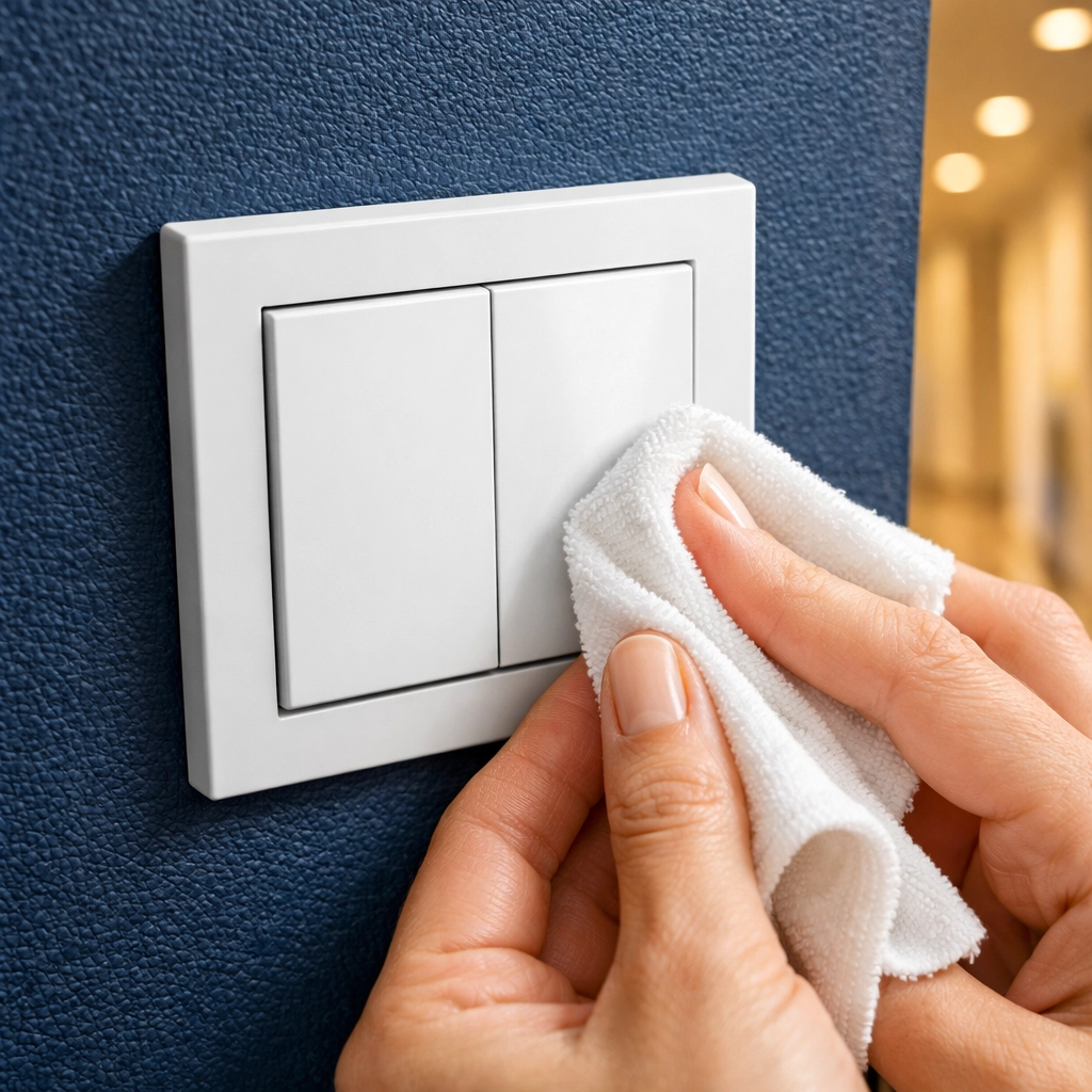 Sanitizing a light switch plate with a microfiber cloth during a professional house cleaning session.