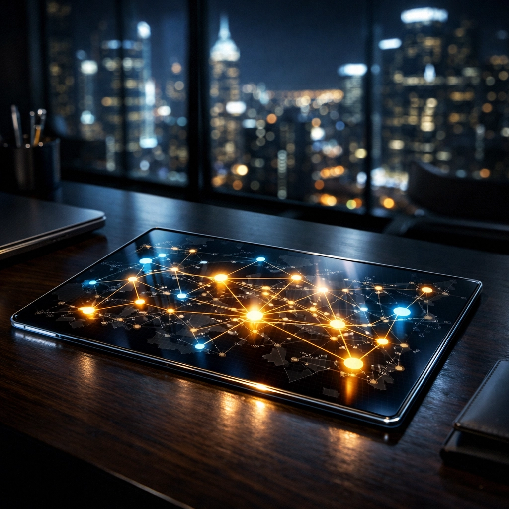Digital network on a tablet representing strong capital flow and accounts receivable financing for business operators.