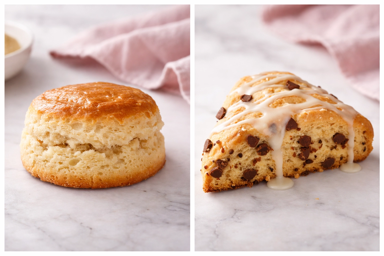 Side-by-side comparison of a round British scone and a dense American scone showcasing key differences