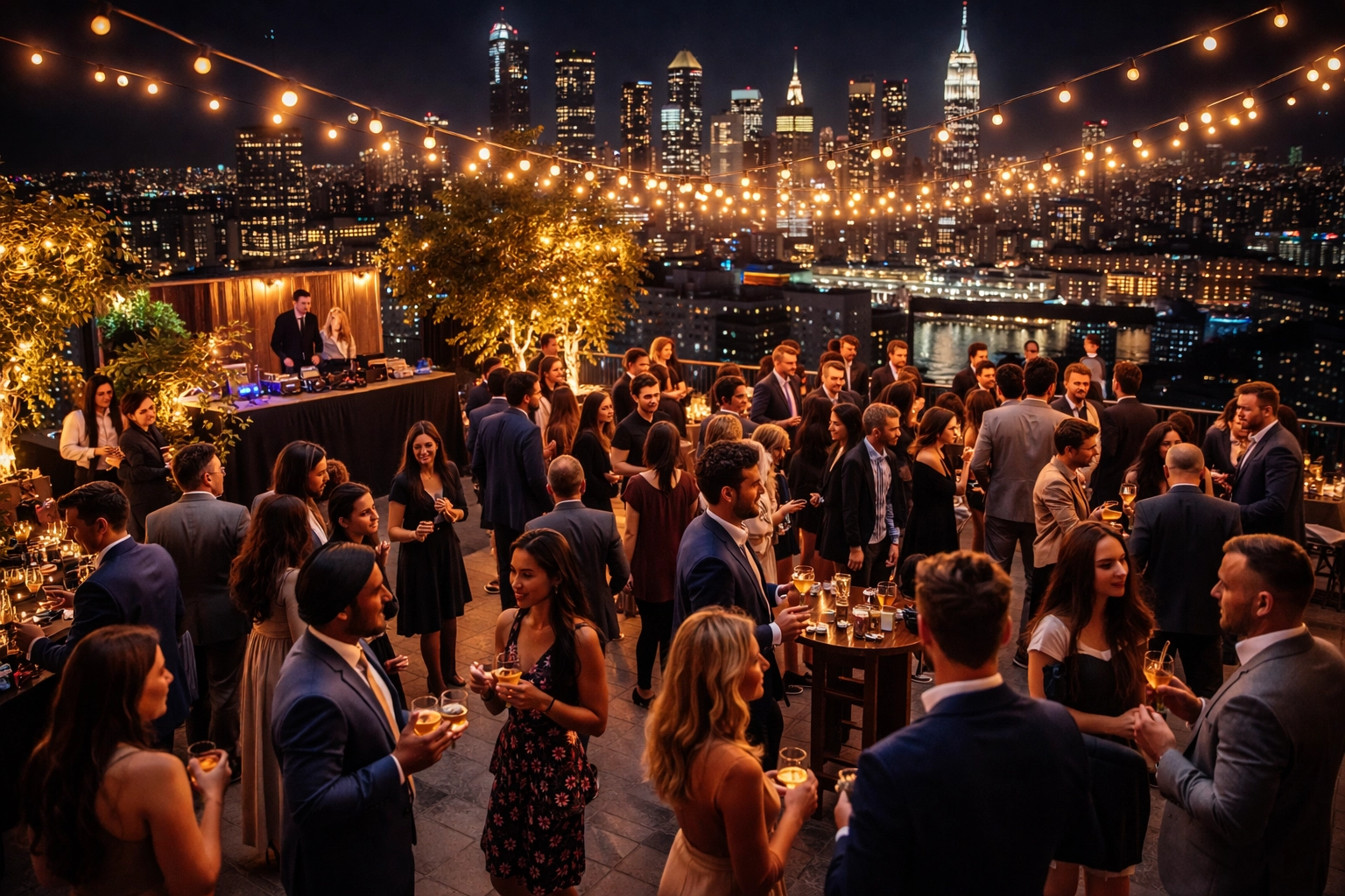 Diverse professionals networking at an elegant rooftop corporate event overlooking a glowing city skyline.