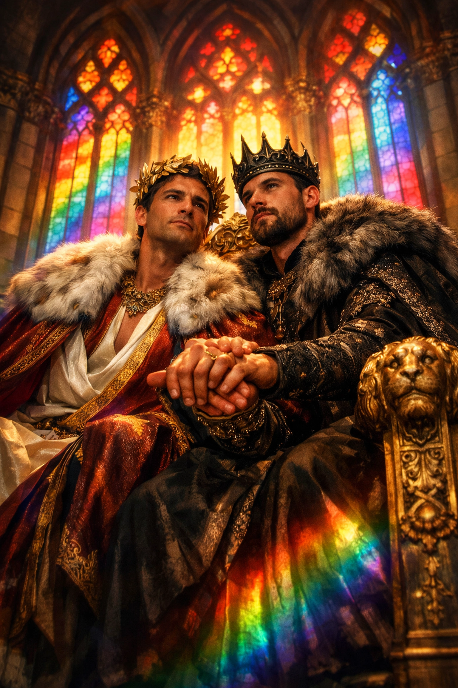 Two kings together on a golden throne, representing a royal LGBTQ+ love story.
