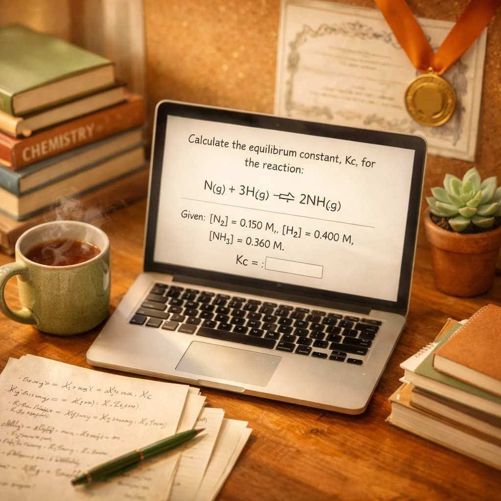 Student study desk with chemistry laptop, textbooks, and Olympiad medal certificate