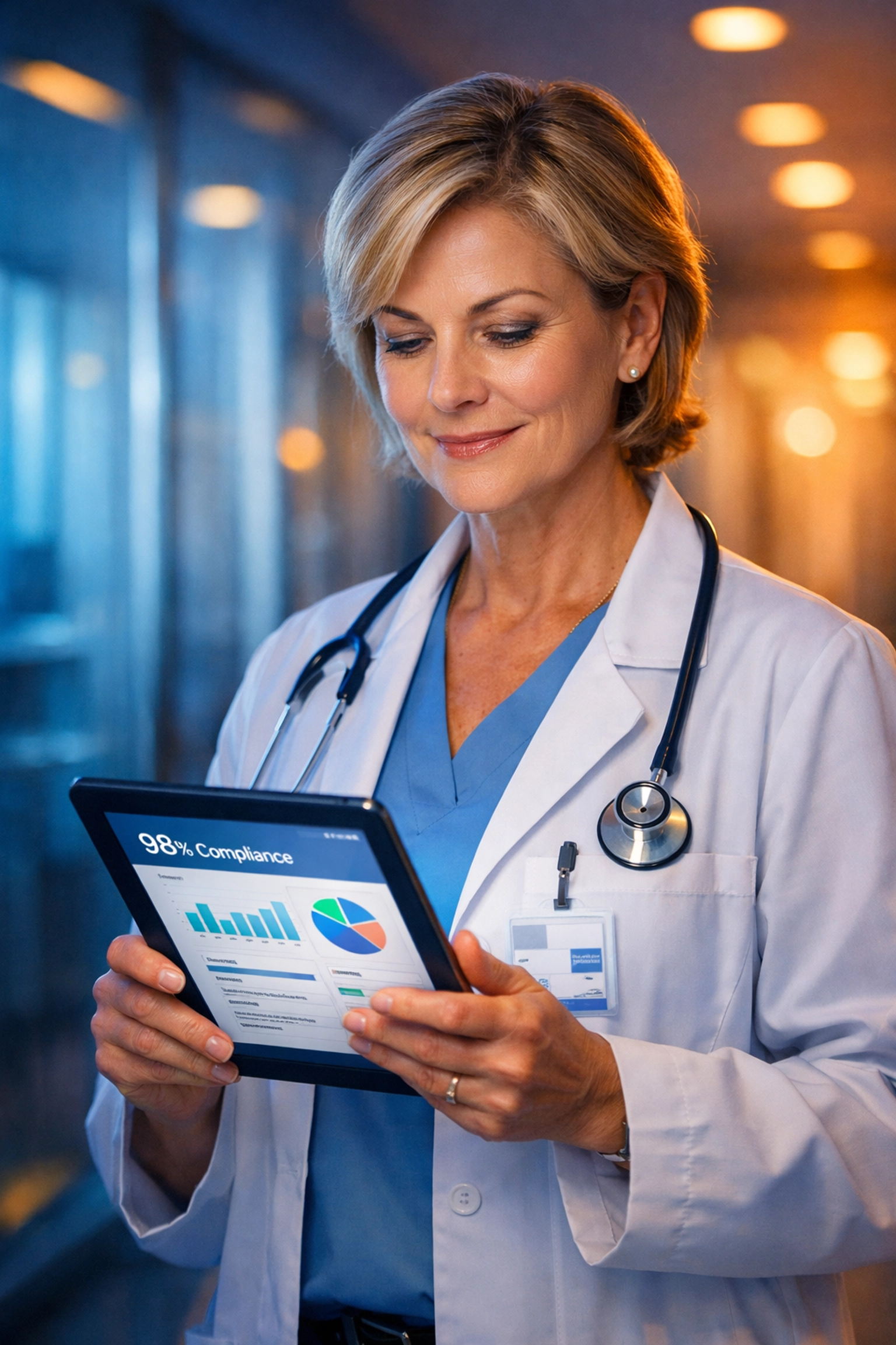 A healthcare leader reviewing an audit-ready compliance dashboard on a tablet in a clinic.