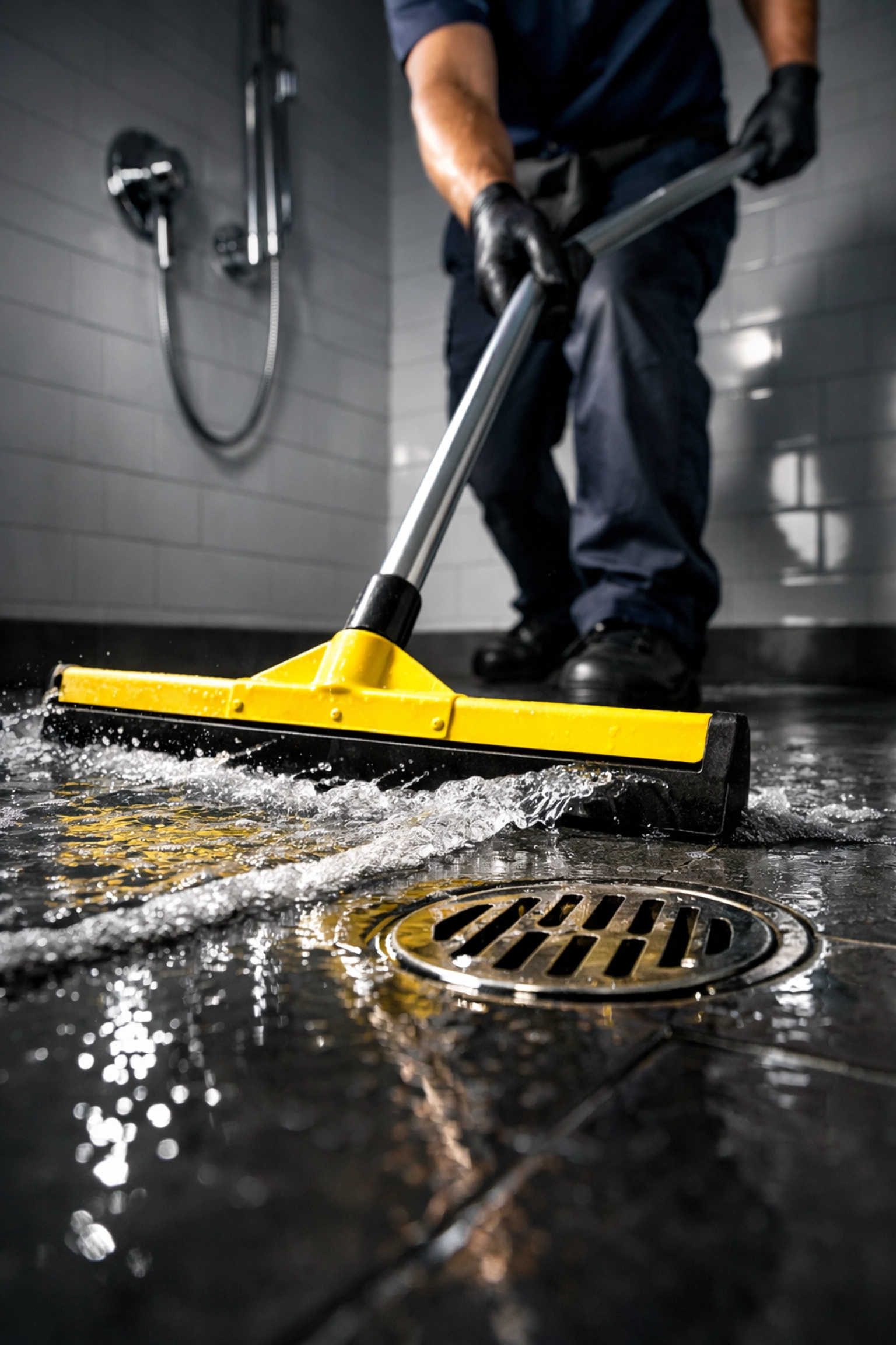 Cleaner using a squeegee on a wet bathroom floor to speed drying in a humid environment (no faces, no text)