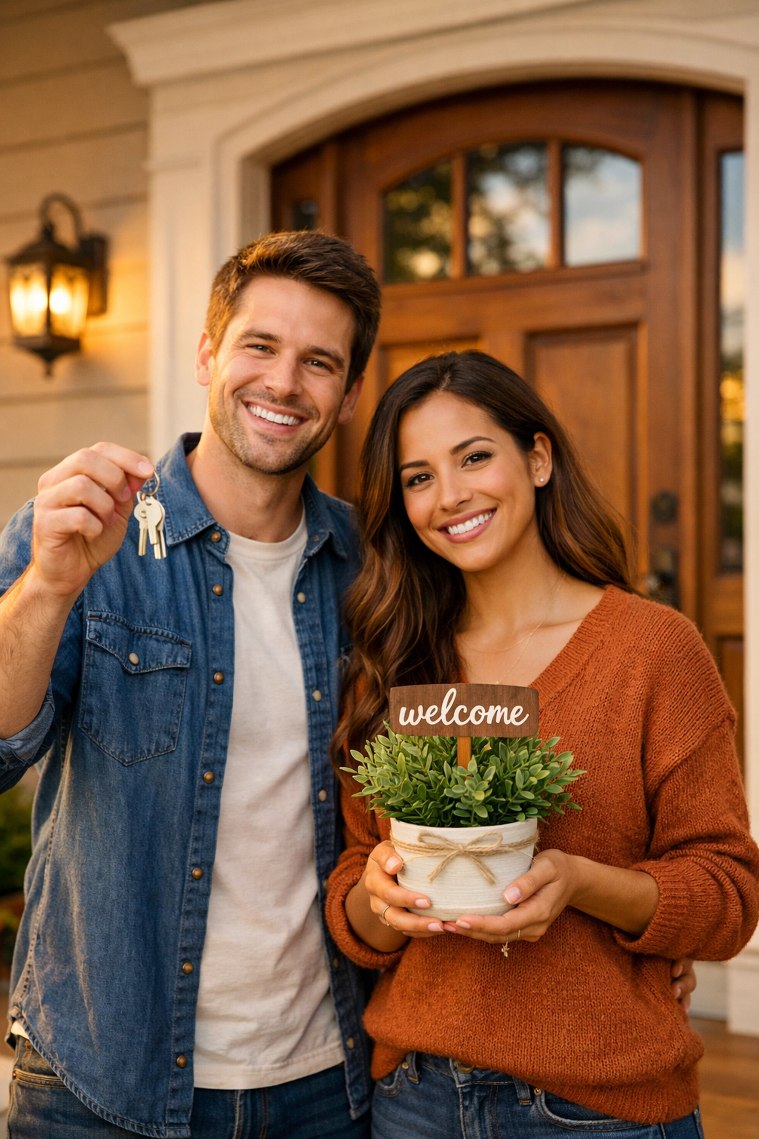 Happy homeowners holding keys to their dream home after a successful move in the Triad.