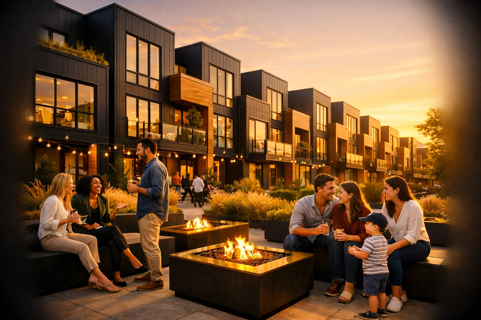 Residents enjoying a high-density townhome community courtyard designed for sustainable urban growth.