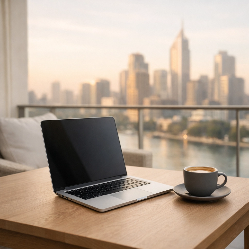 Minimalist hotel balcony workspace with a laptop and coffee overlooking a city skyline.