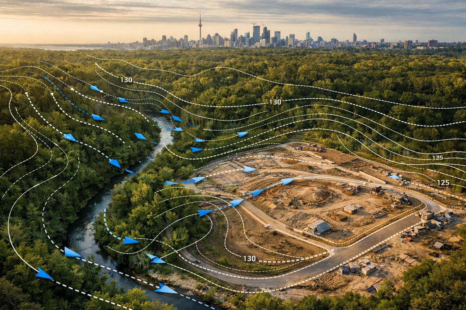 Aerial view of a Toronto construction site showing topographic contours and stormwater management engineering.