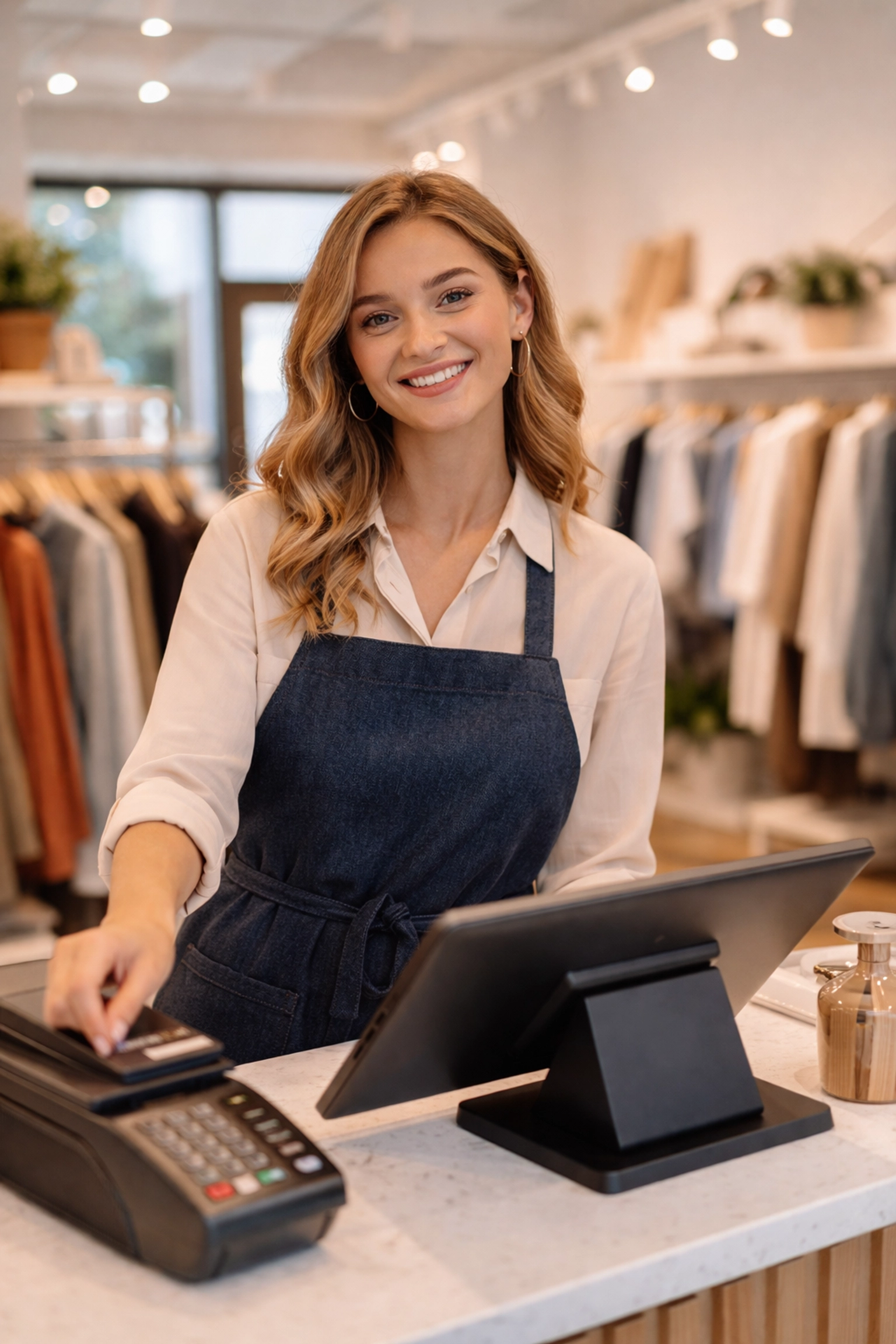 Retail shop owner using a modern POS system at a boutique store, highlighting point of sale options for UK retailers