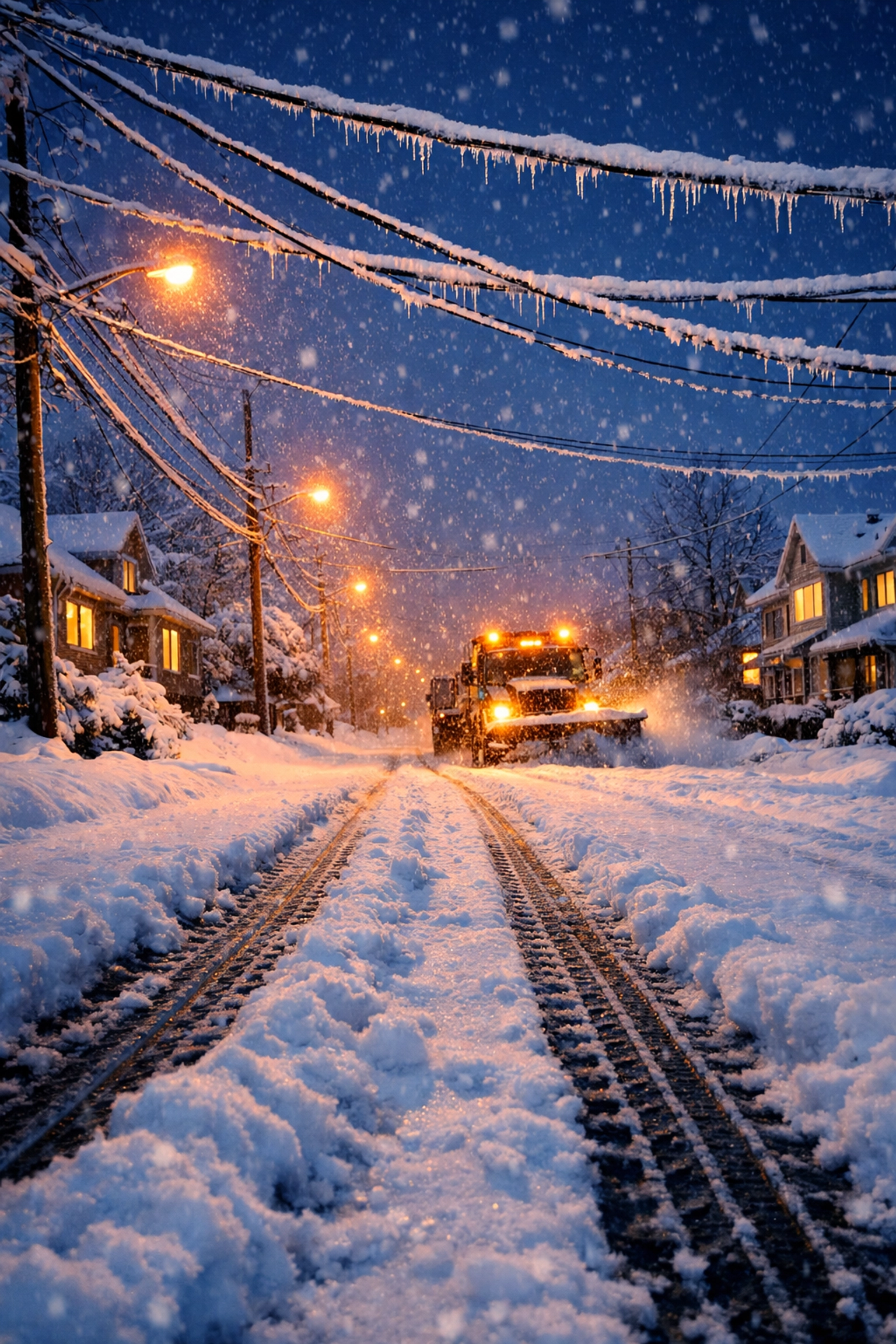 Snow-covered residential street during winter storm with emergency crews working at dawn