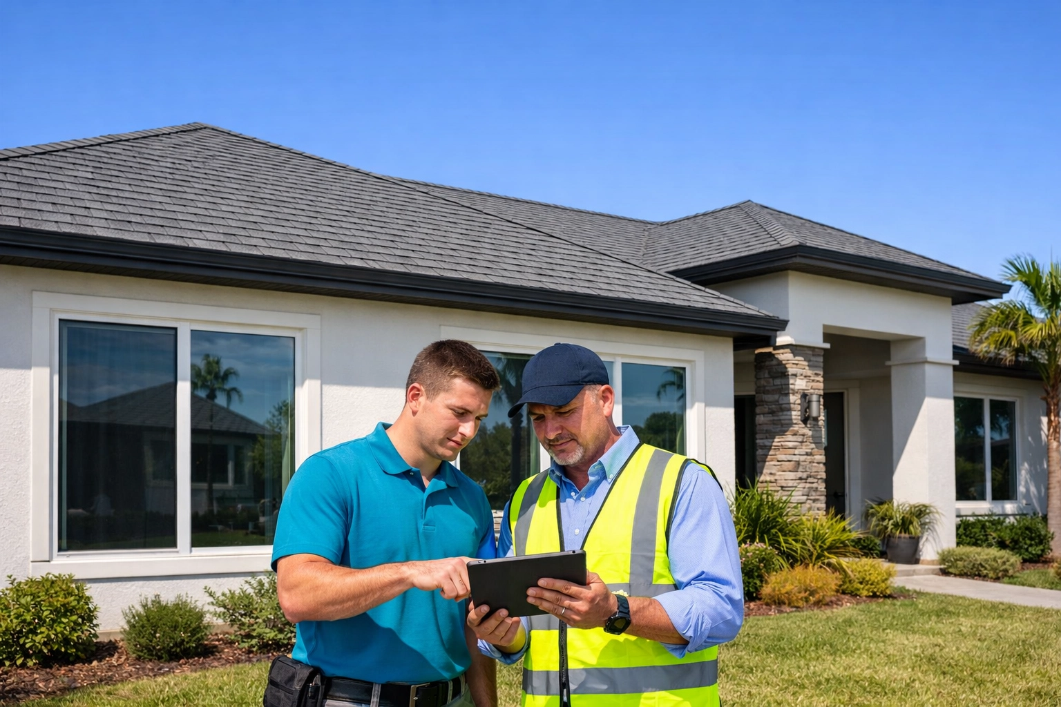Modern Florida home featuring a new roof replacement Florida and impact windows for comprehensive storm safety.