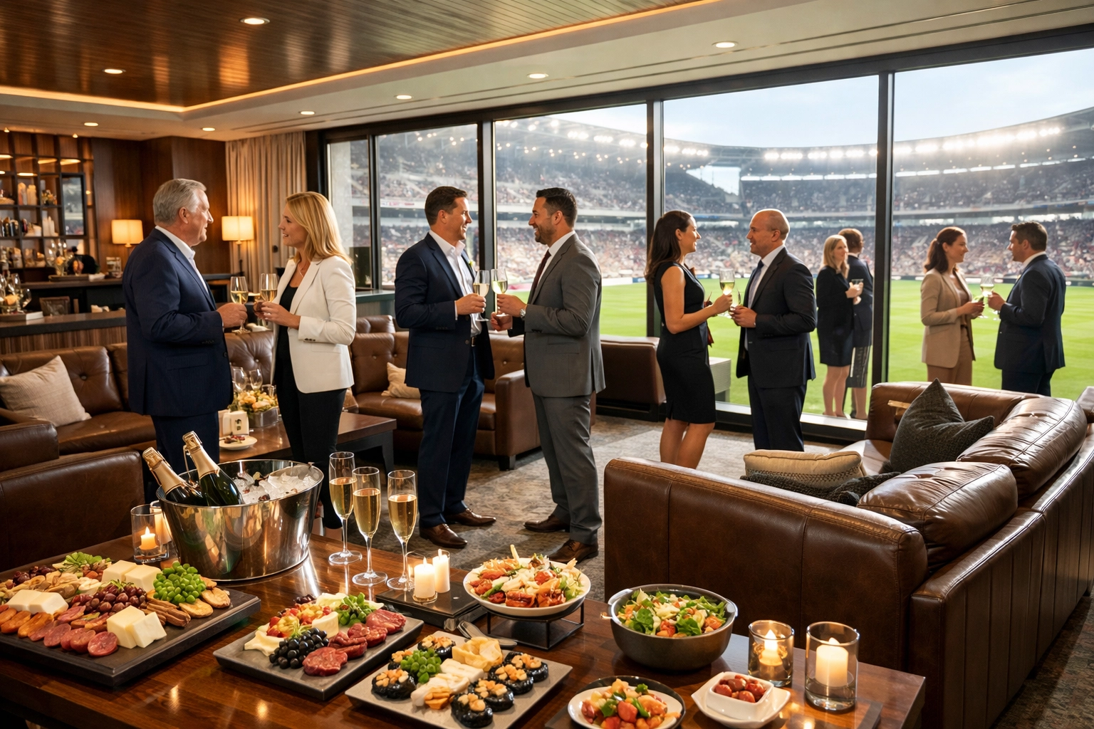 Luxury corporate hospitality suite at Super Bowl with executives networking and premium catering
