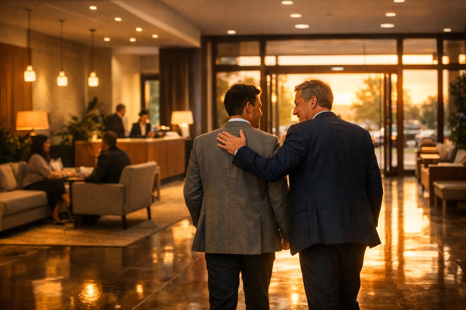 A business leader walks a guest out with a caring gesture, exemplifying the hospitality legacy of human warmth.