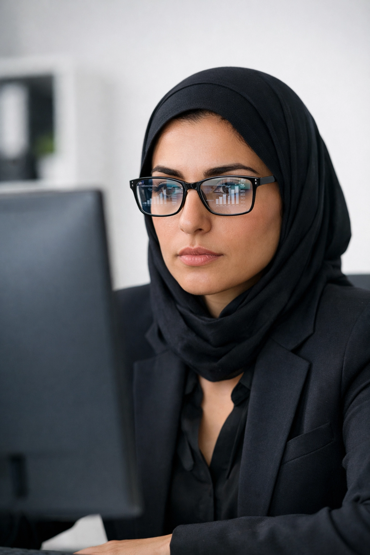 Healthcare compliance officer analyzing RCM data patterns on a monitor to ensure billing accuracy.