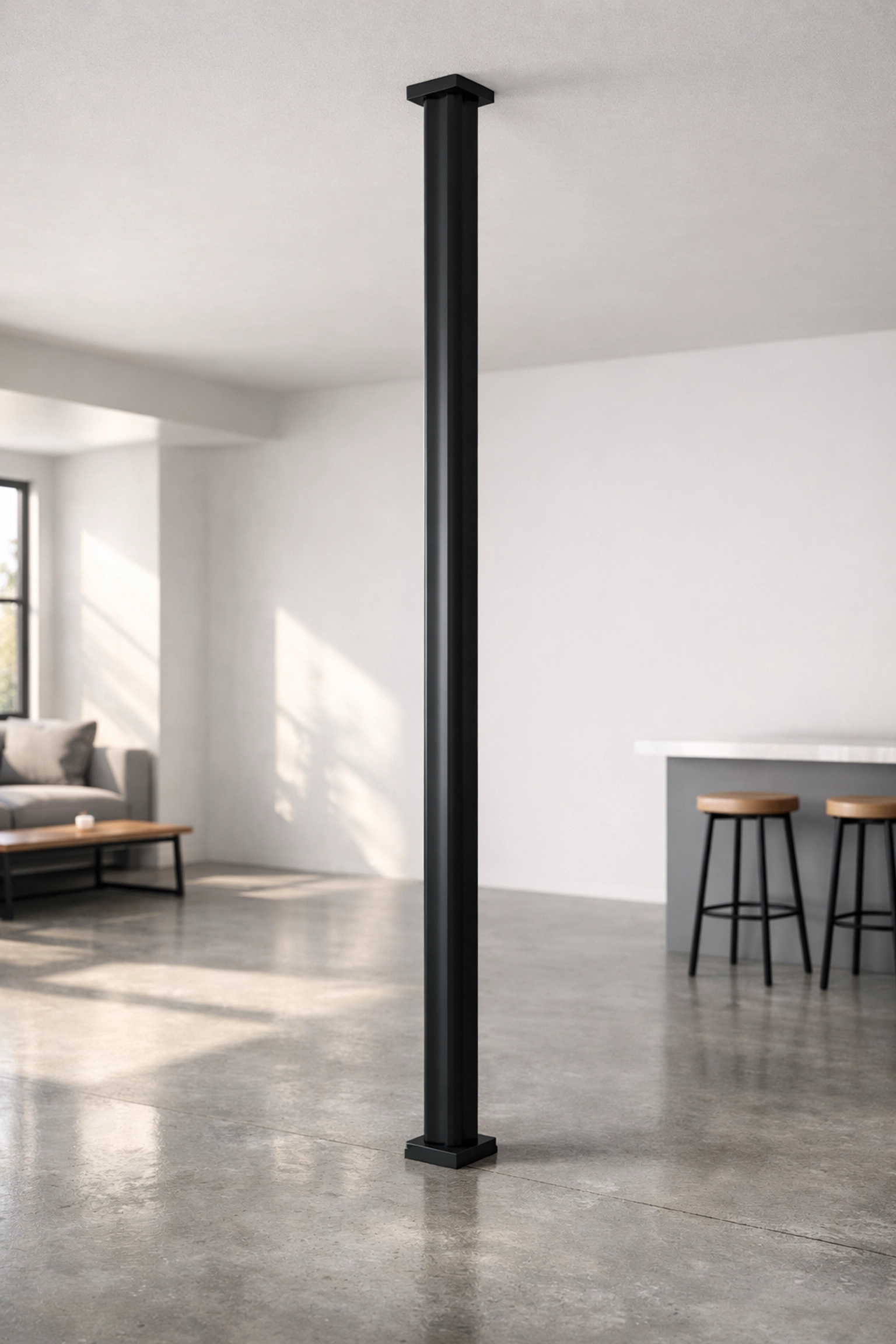 Sleek black floor to ceiling gym system for bodyweight training in a modern home office.