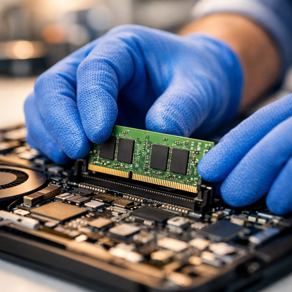 Technician hands installing new ram into a laptop motherboard at a professional repair shop.
