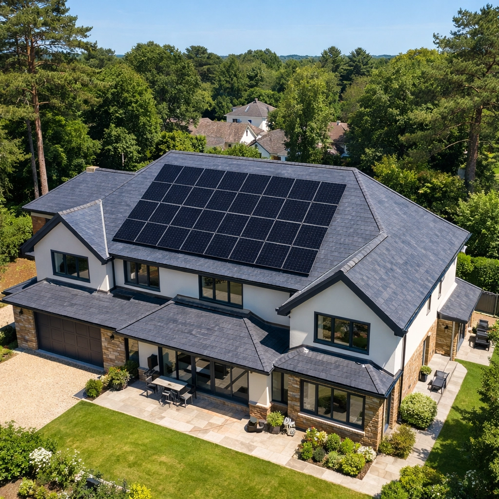 Aerial view of a professional solar panel installation on a suburban home in Ferndown, Dorset.