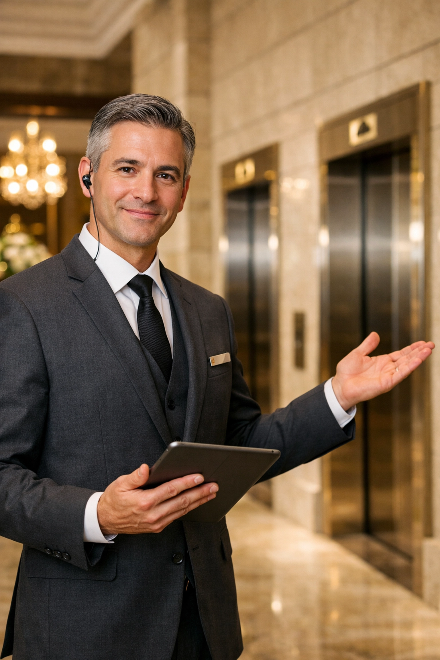 Professional VIP concierge providing elite travel management services in a luxury hotel lobby.