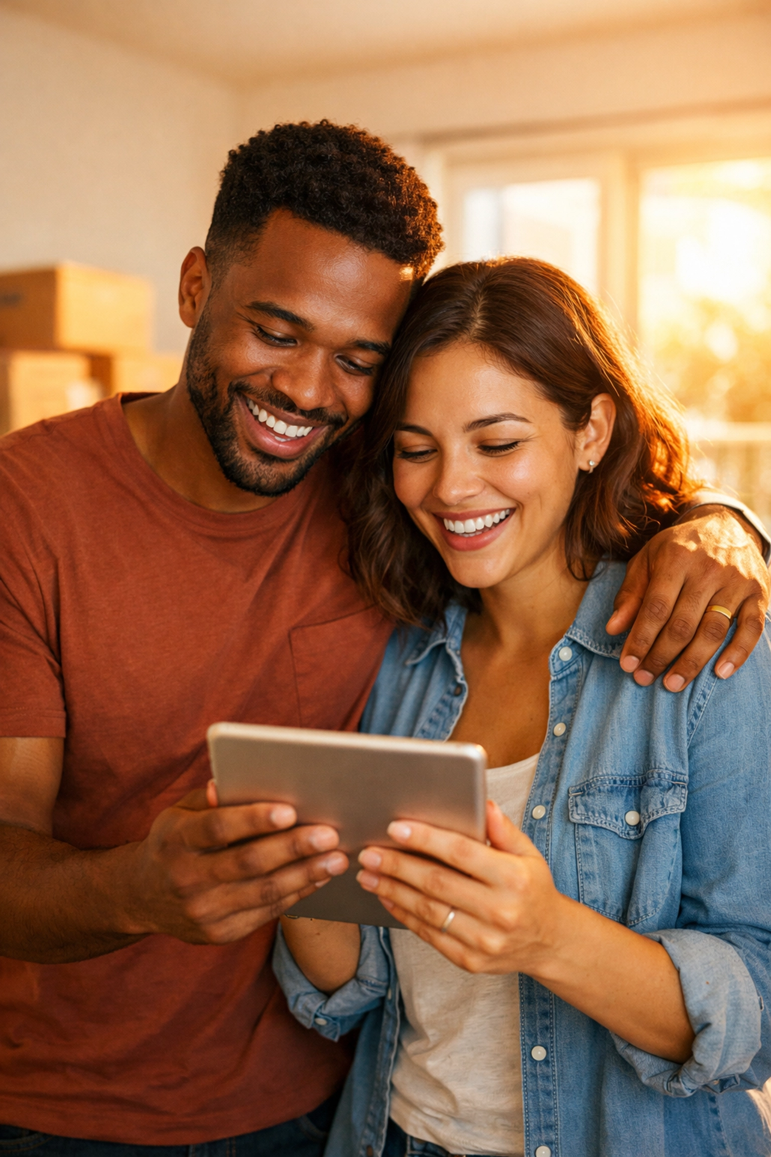 Happy couple feeling stress-free after obtaining a payday loan no credit check in Canada for their new home.