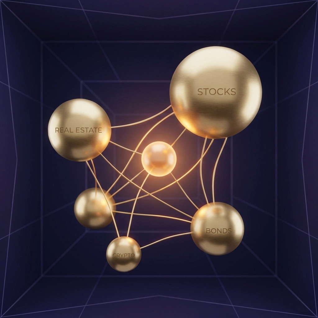 Balanced investment portfolio illustration showing diversified assets like stocks, real estate, bonds, and cryptocurrency.