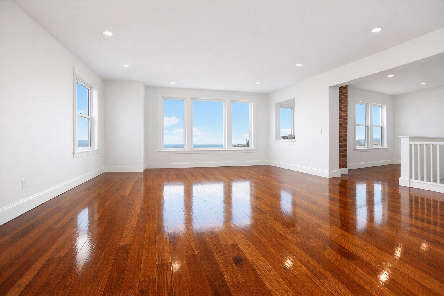 Pristine living room with polished wood floors following move-out cleaning Worcester MA.
