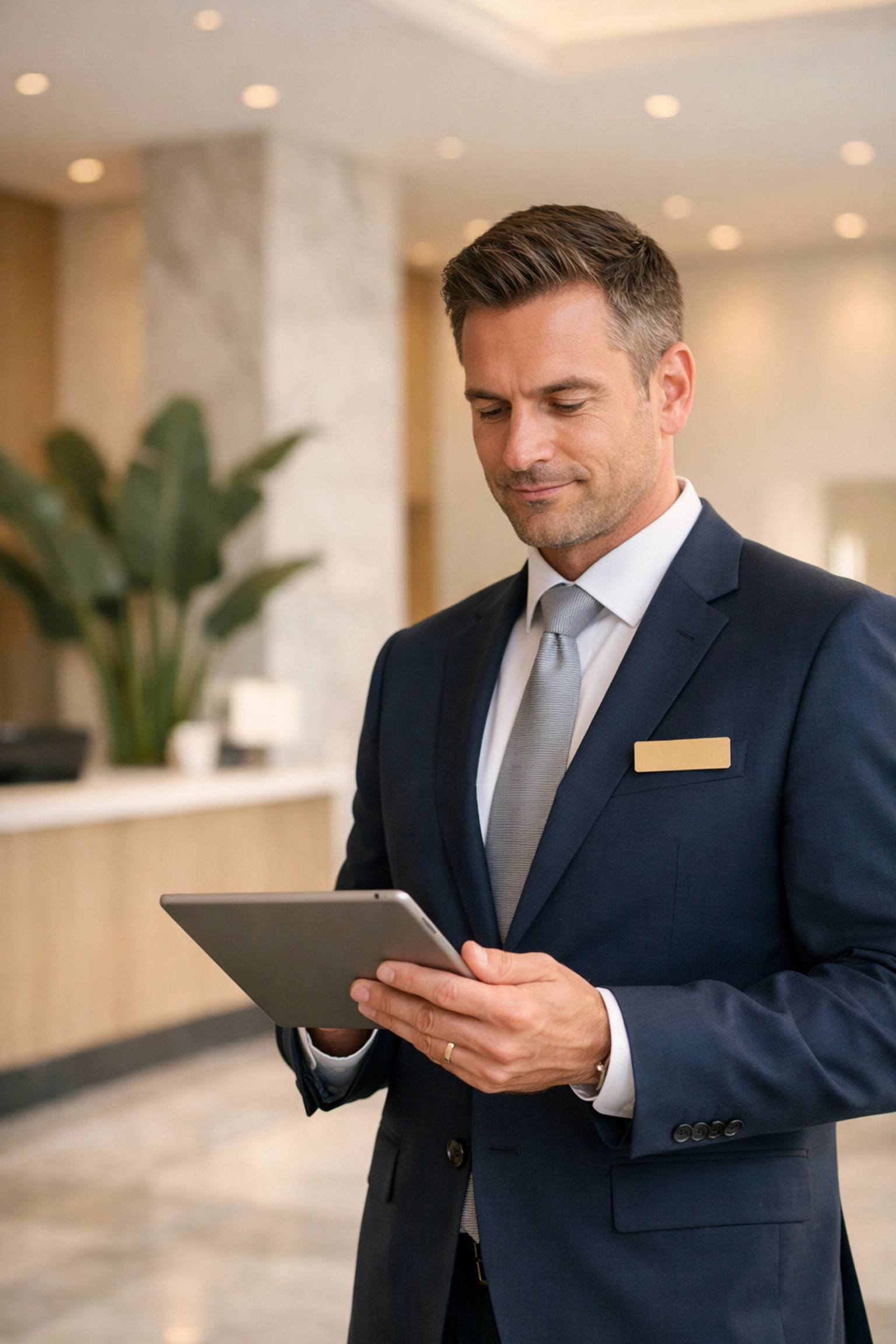 Hotel manager using a tablet in a modern lobby to manage automated hotel operations and data.
