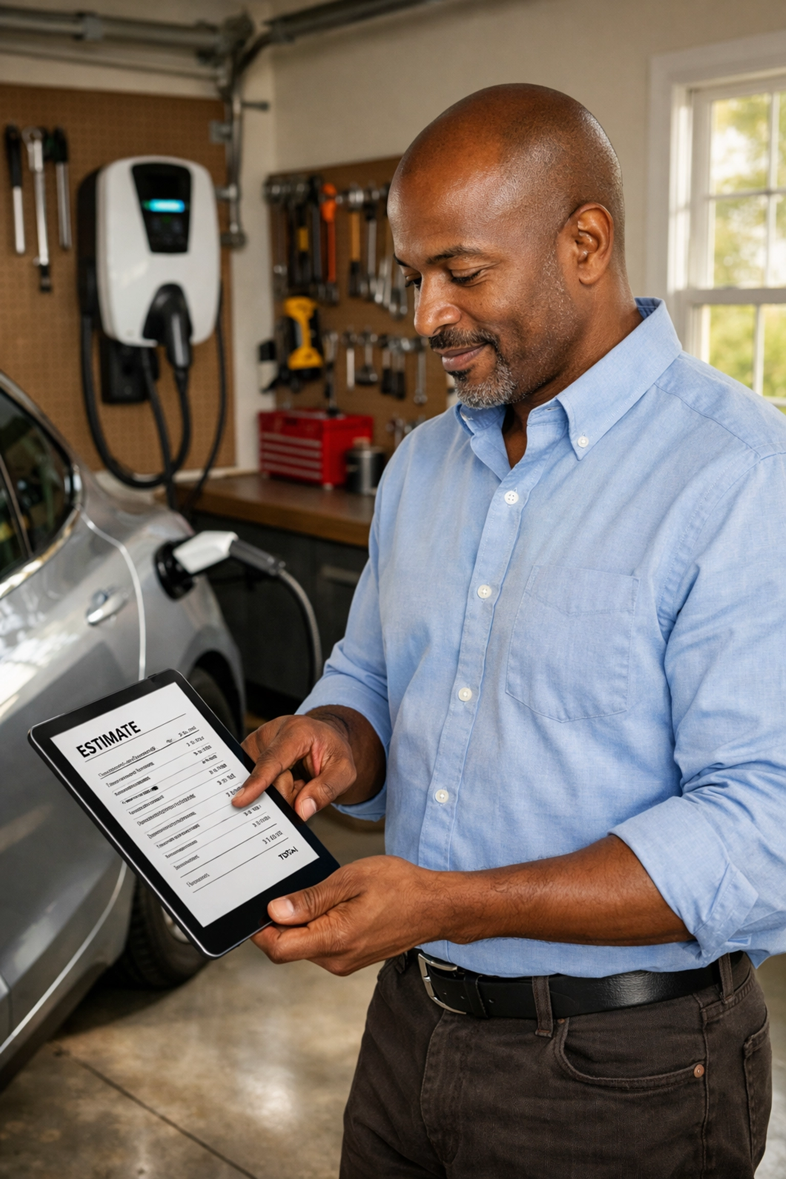 Atlanta homeowner reviewing EV charger installation costs on tablet in garage with charging station