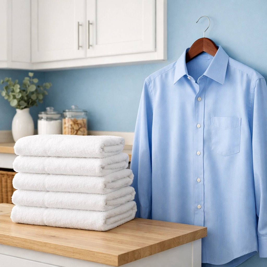 Organized laundry room with folded towels from a Groton residential cleaning service.