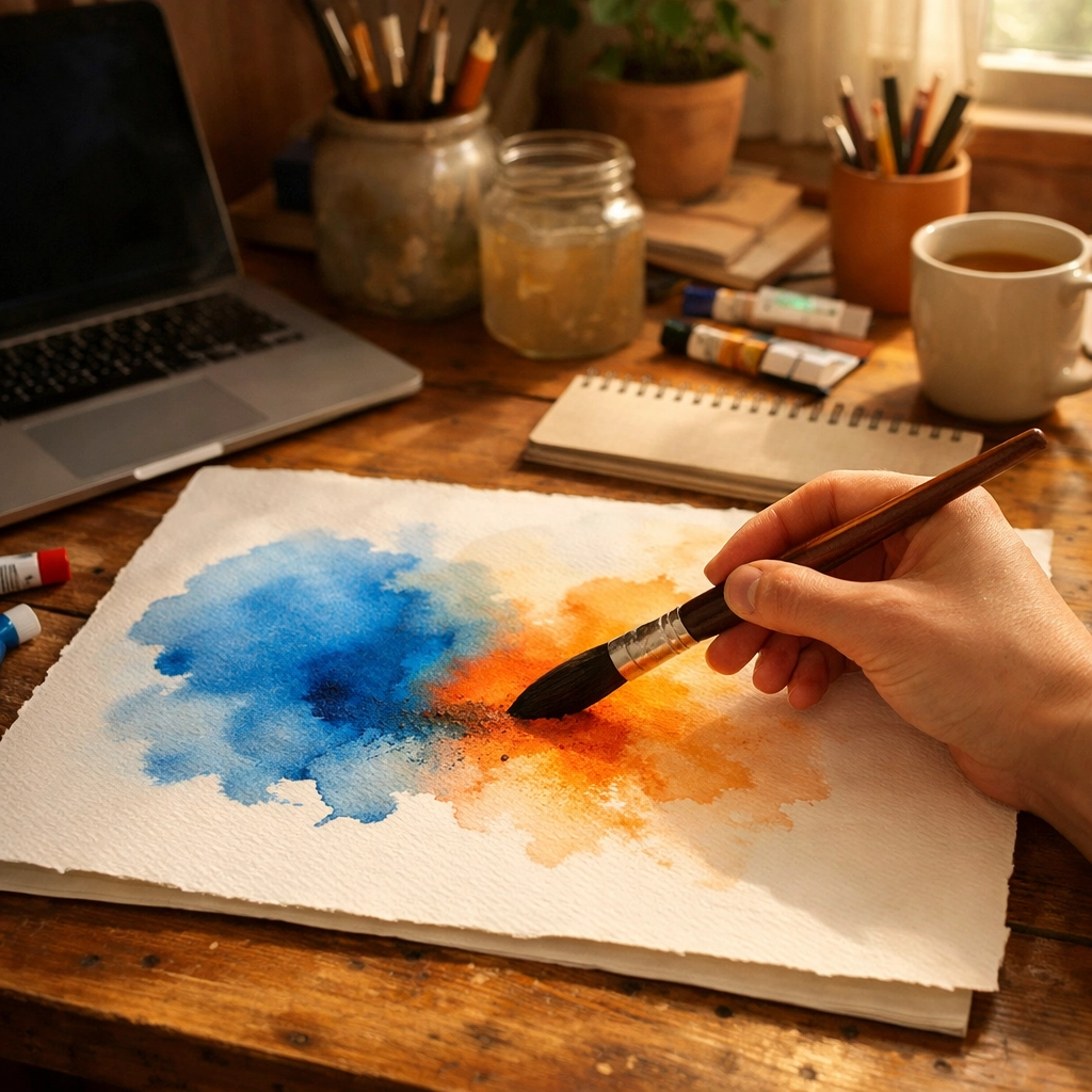 Remote worker engaging in physical play with watercolor paints on a desk to reduce digital burnout.