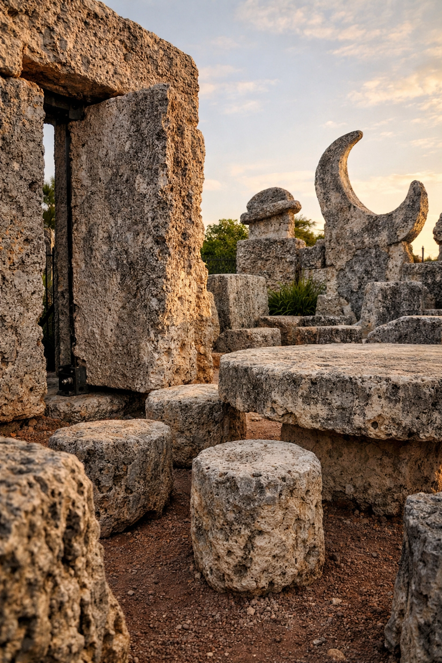Coral Castle stone gate at sunset, a unique Miami hidden gem attraction