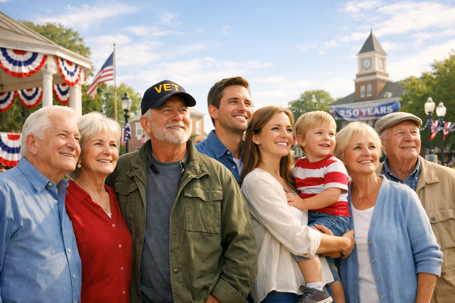 Diverse community of Americans celebrating national unity for the upcoming 250th anniversary.