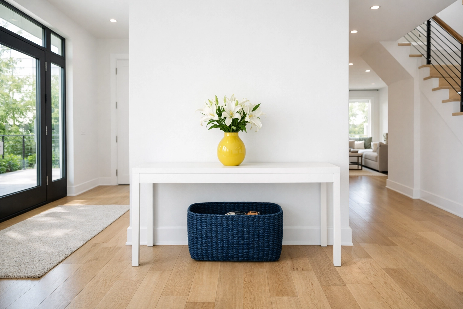 Organized modern entryway with a clean white console table and a blue storage basket for speed cleaning.