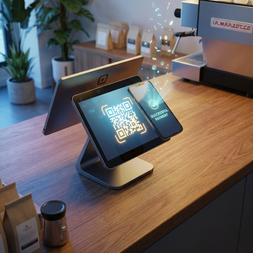 Small business checkout showing QR code POS system for easy crypto payments in a modern coffee shop