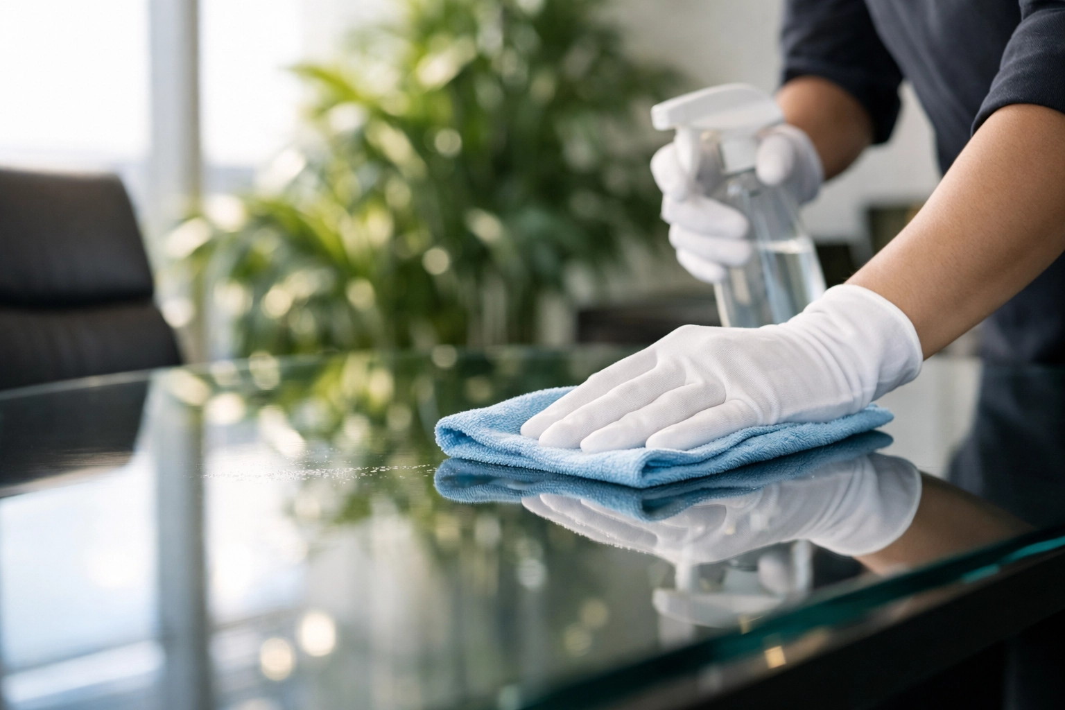 Professional commercial cleaning Tampa FL team polishing a glass table with eco-friendly solutions.