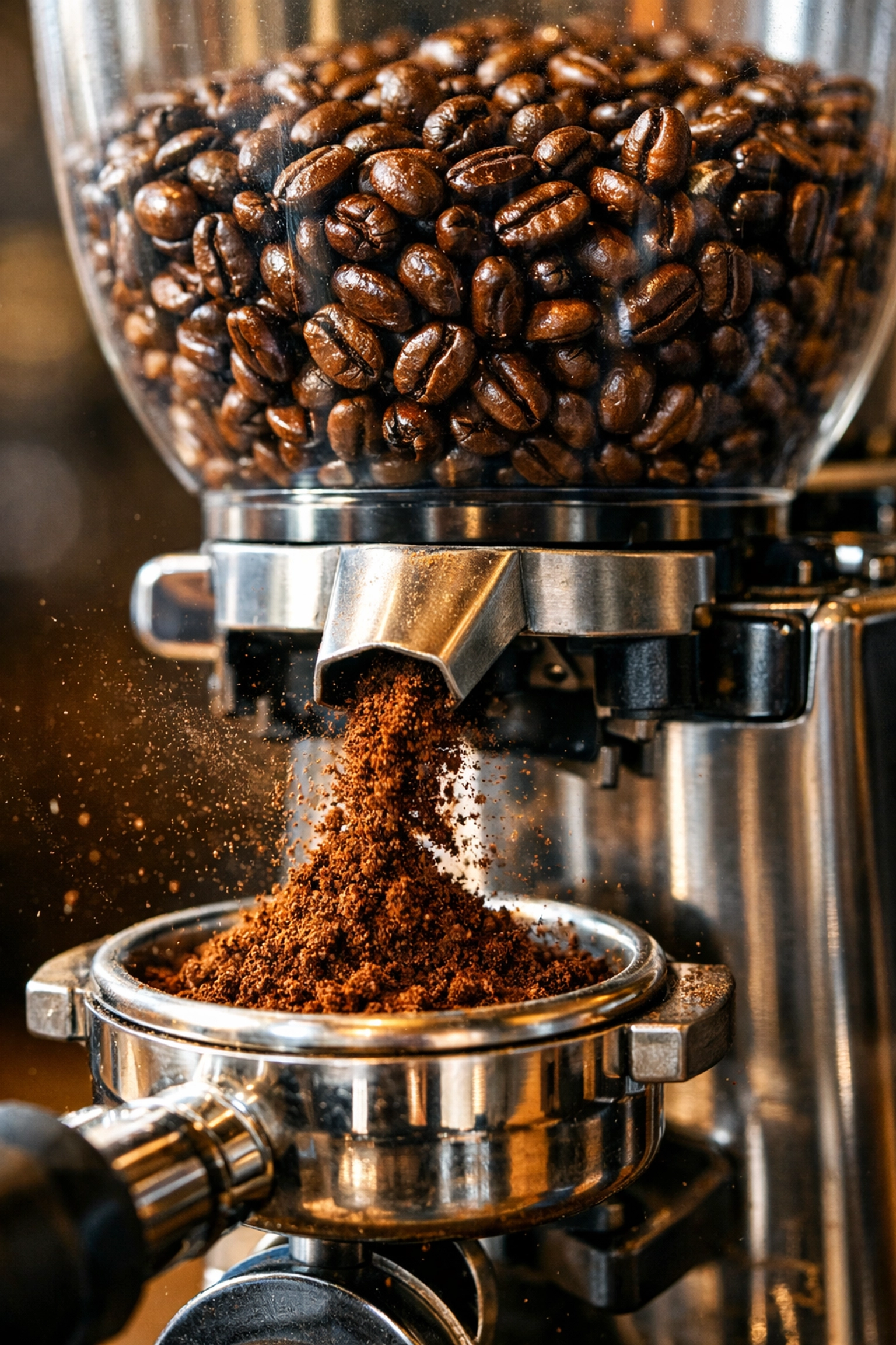 Specialty coffee beans in a commercial grinder hopper with fresh grounds for an espresso machine.