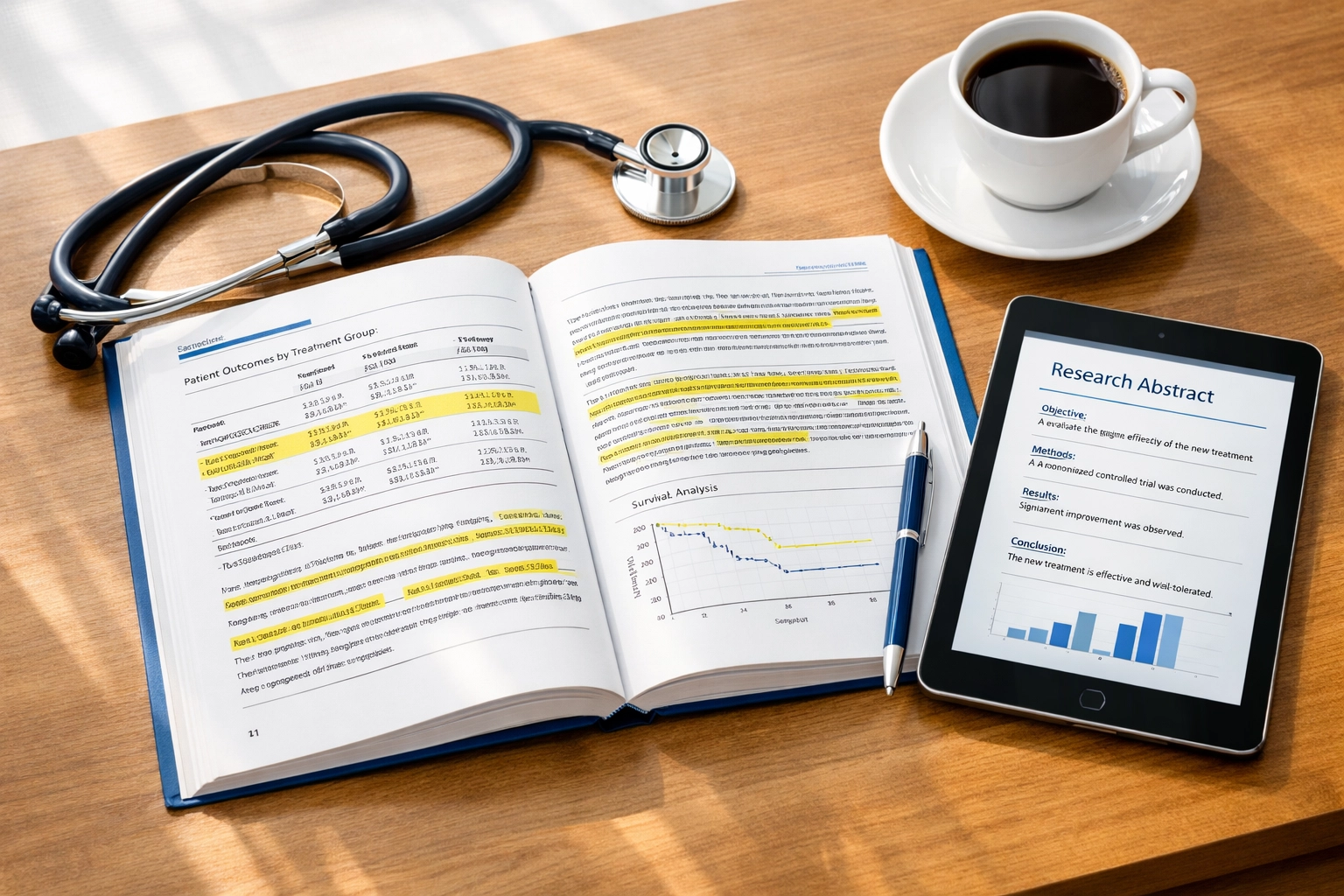 Medical student studying FRCEM critical appraisal with research journal and stethoscope on desk