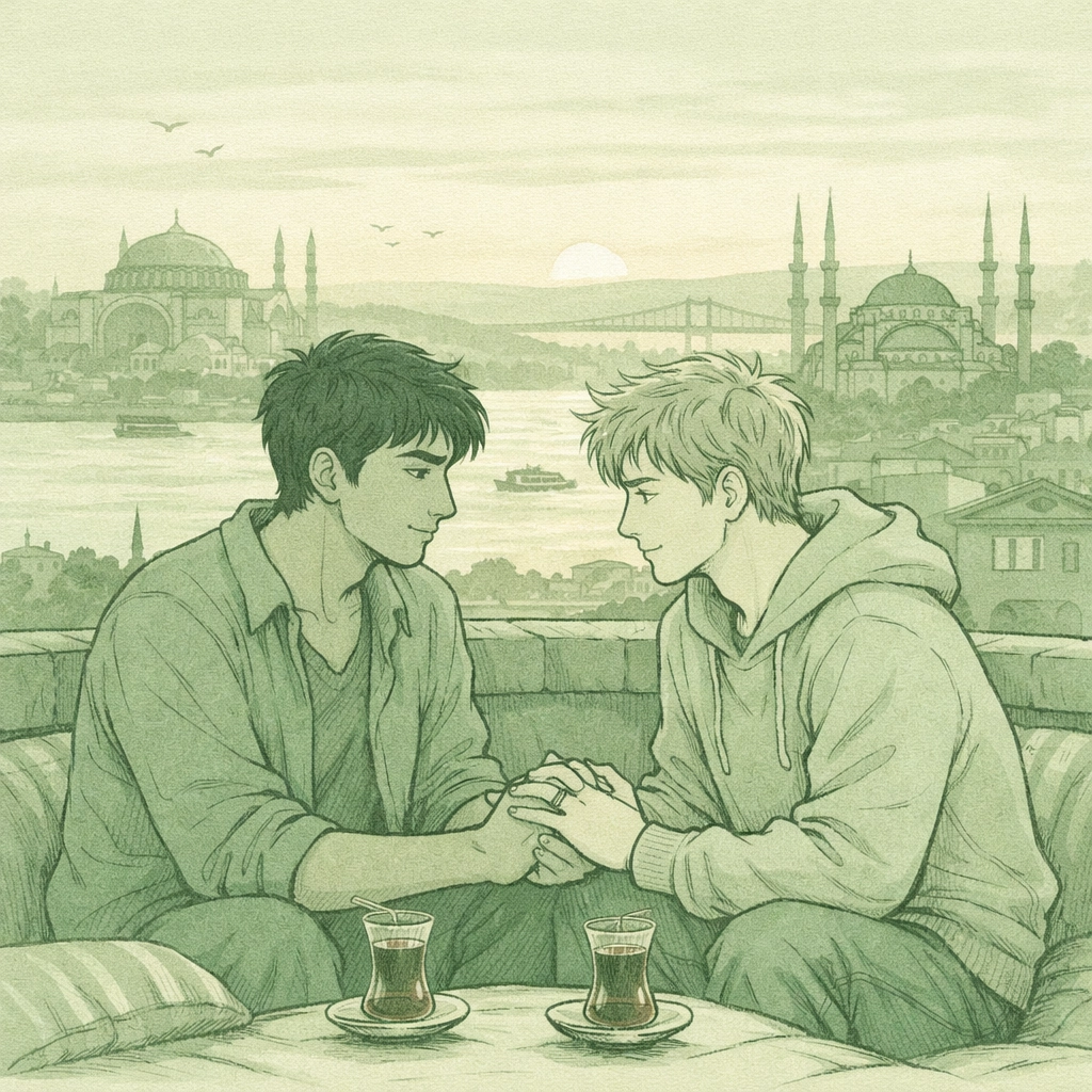 Gay couple holding hands on Istanbul rooftop at dawn with tea and city view