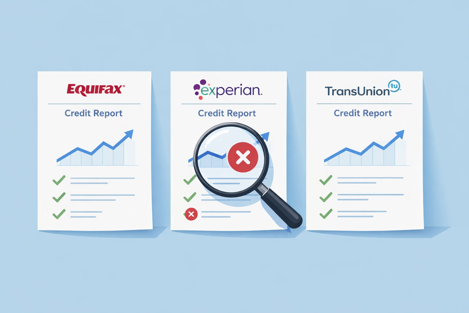 Reportes de crédito con lupa mostrando errores para disputar y arreglar mi crédito
