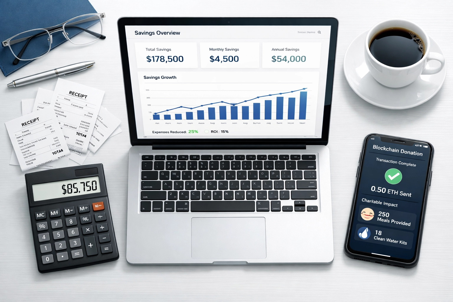 Merchant financial dashboard showing $85,750 annual savings with Larecoin crypto payments