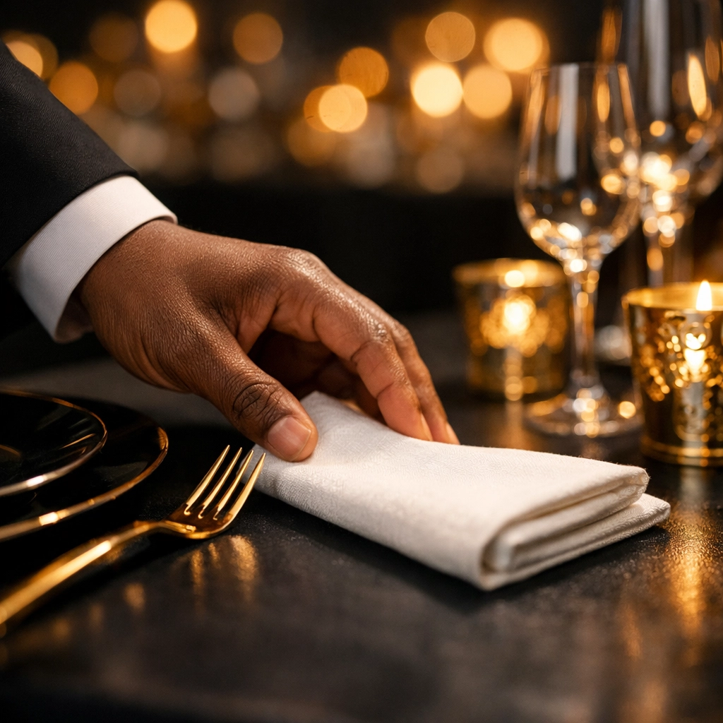 Elegant luxury table setting detail representing excellence in hospitality and a seat at the table for all.