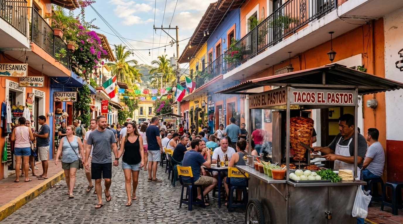 Colorful street scene in Zona Romantica with pedestrians and lively local atmosphere.