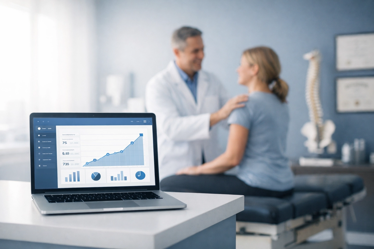 Chiropractic treatment room with a laptop showing a practice growth chart and patient care.