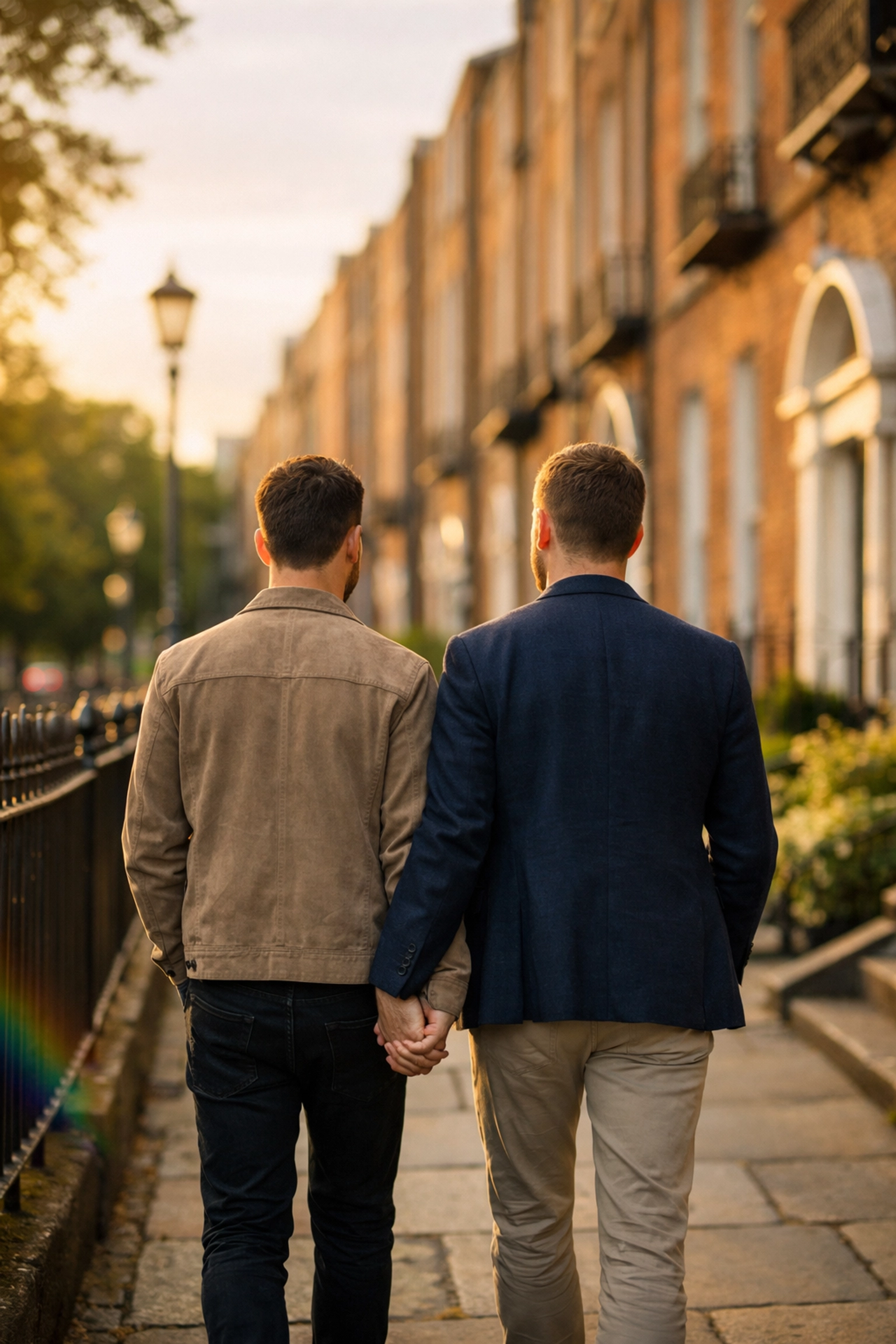 A gay couple walking through Merrion Square, Dublin, capturing the queer history and romantic spirit of Wilde's legacy.