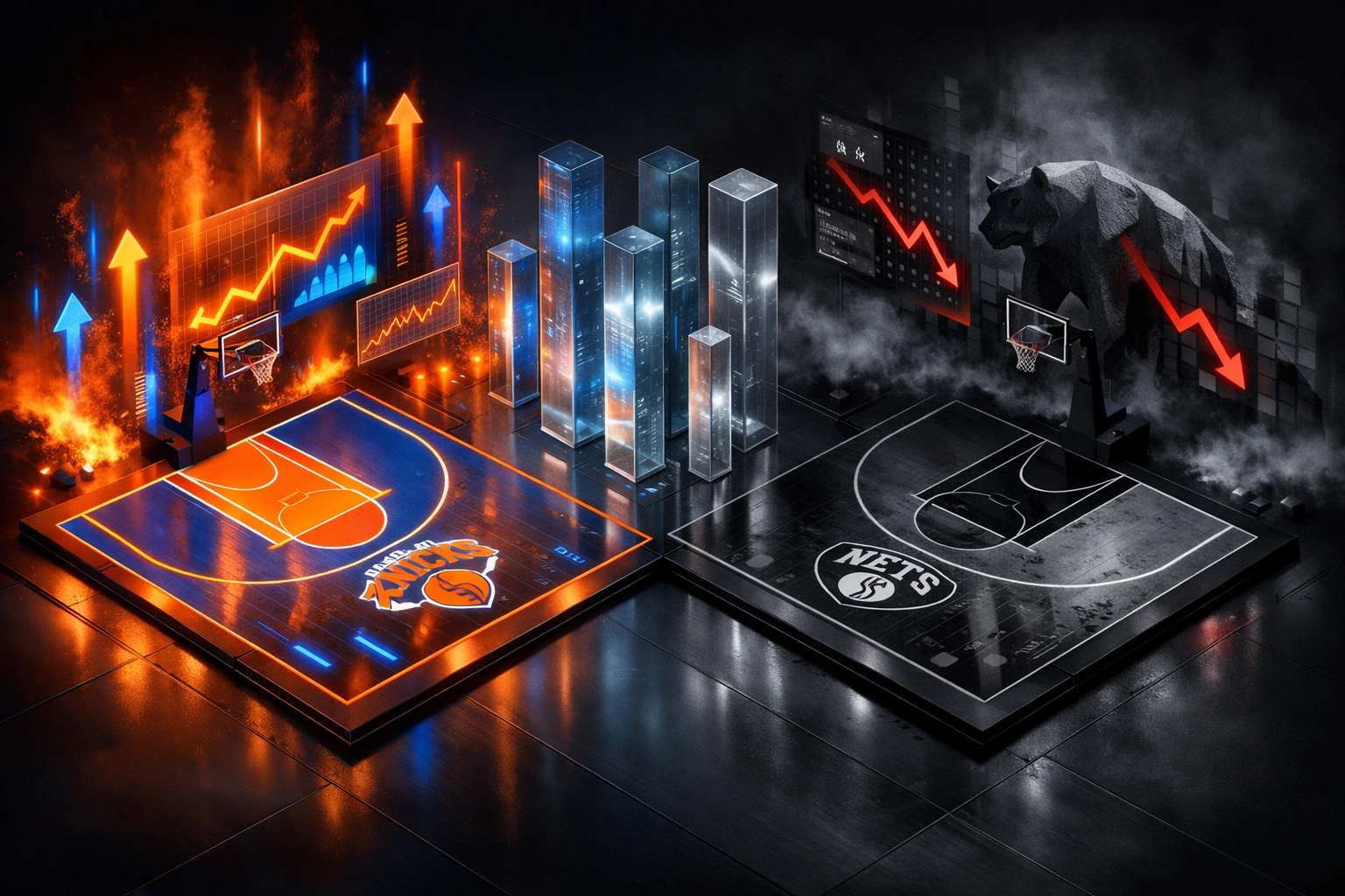 Visual comparison of Bullish Knicks and Bearish Nets performance in an NBA data analysis dashboard.