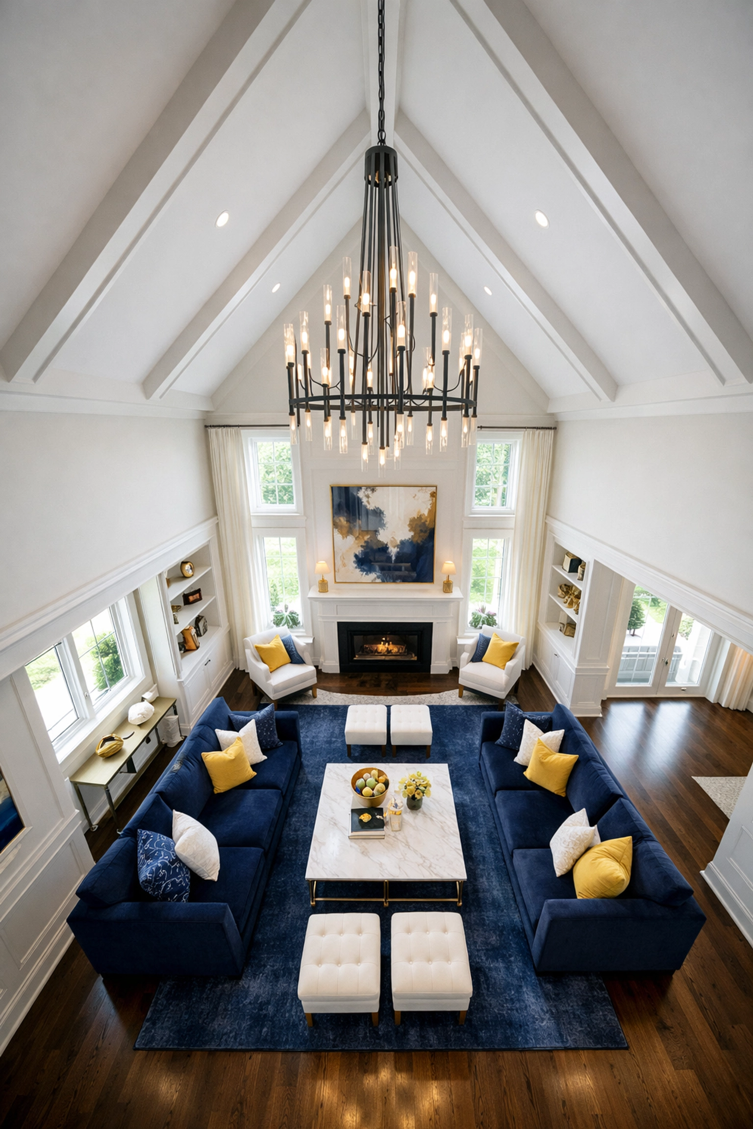 Top-to-bottom deep cleaning Marlborough living room with high ceilings and luxury furniture.