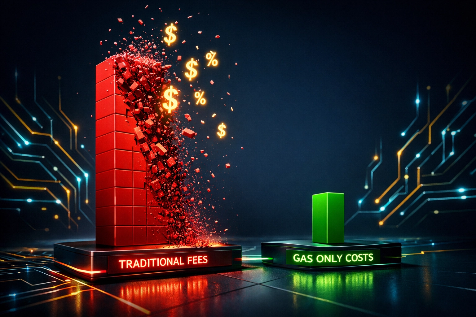 Visualization comparing high traditional payment fees versus minimal gas-only LUSD transfer costs