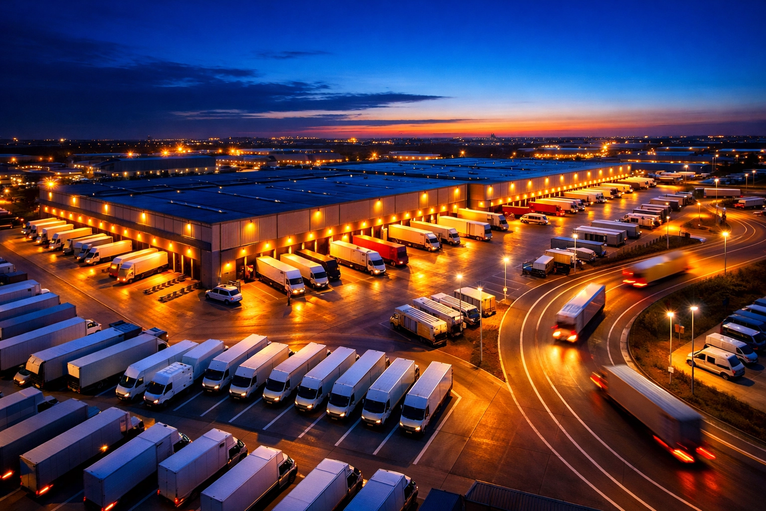 Modern logistics hub with loading docks and delivery vehicles at dusk