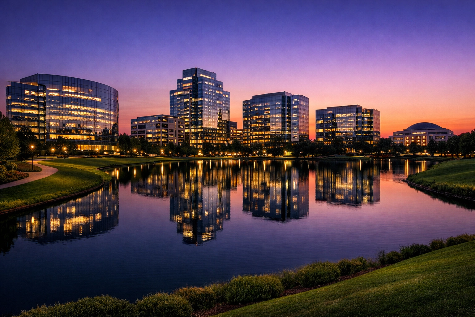 Modern glass office buildings and landscaped walking paths near Ballantyne Corporate Park in Charlotte, North Carolina.
