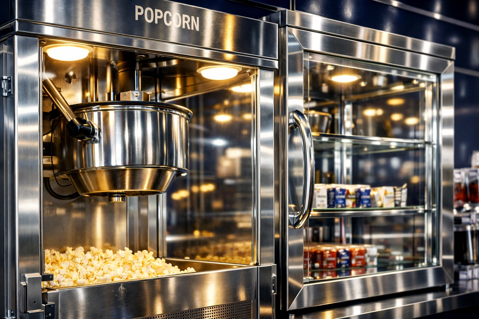 Sanitized cinema concession stand with streak-free glass and polished stainless steel popcorn machine.