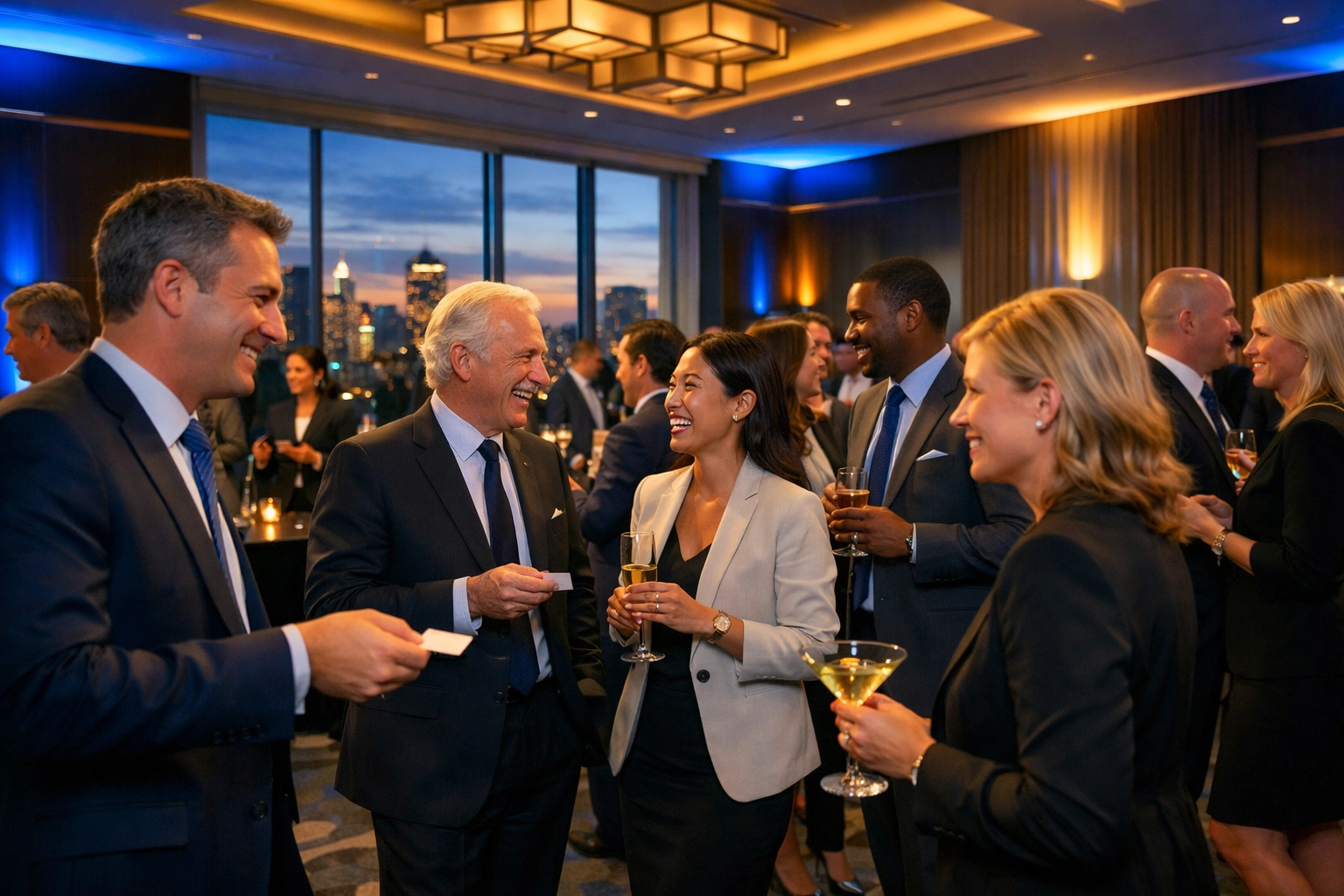 Corporate executives networking at exclusive Super Bowl business event with city skyline views